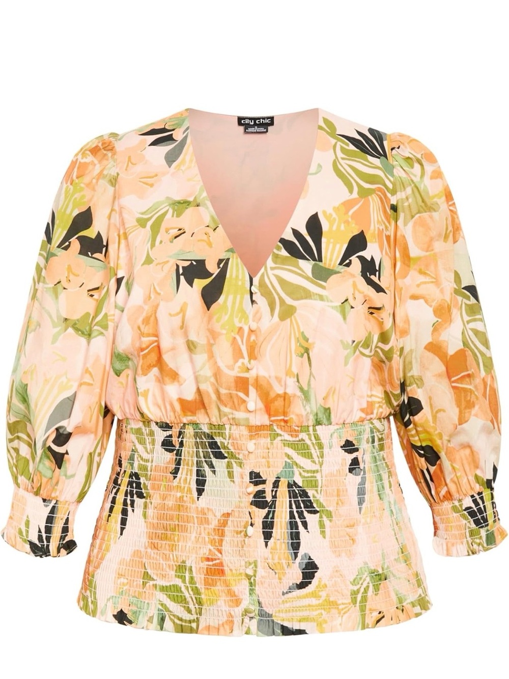 City Chic Floral V-Neck Smocked Waist Top XL 18/20 NWT